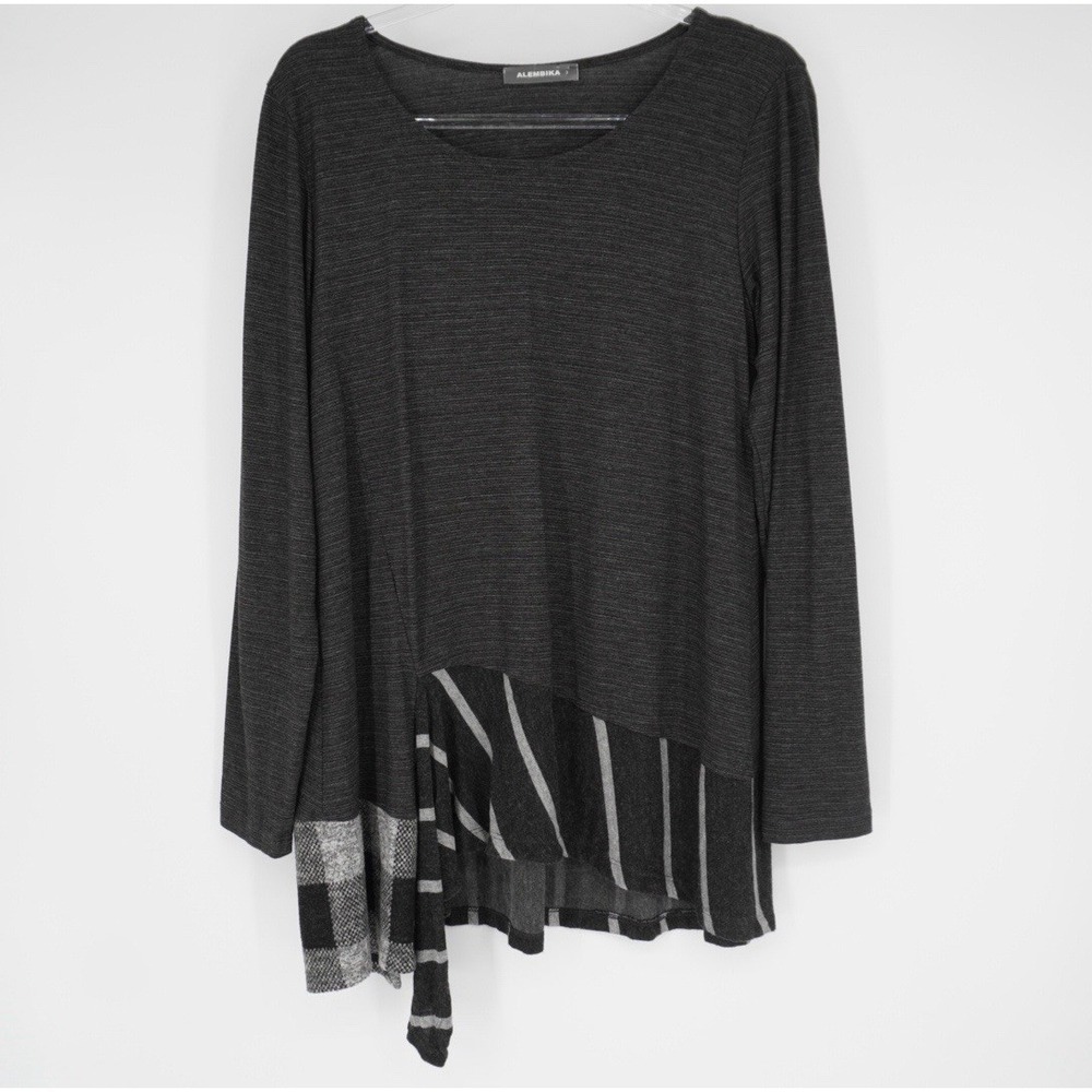Alembika Top Womens Size 3 Gray Relaxed Flowy Lagenlook Long Tunic‎ Patchwork